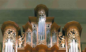 Carved female sculpture, pipe shade carvings, Fritts pipe organs, Pacific Lutheran University